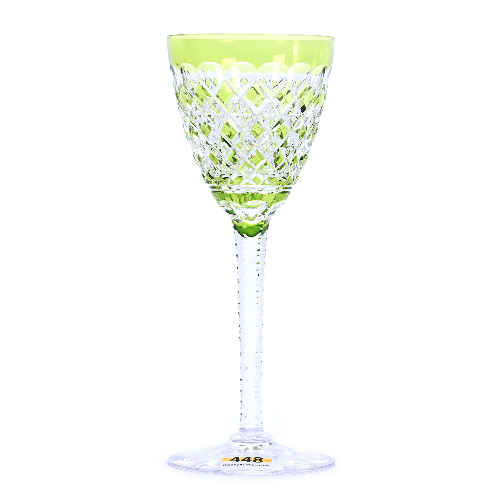 Wine Stem, Brilliant Period Cut Glass, Green Cut To Clear: Wine Stem, Brilliant Period Cut Glass, Green Cut To Clear, 7.5" x 3", Carlton Pattern By Val St. Lambert, Circa 1925, Georgia Private Collection.
