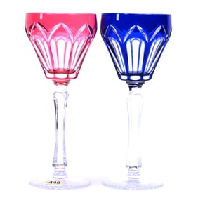 Pair Wine Stems, Cut Glass, Color Cut To Clear, Signed Anna Hutte (West Germany 1945-1990)
