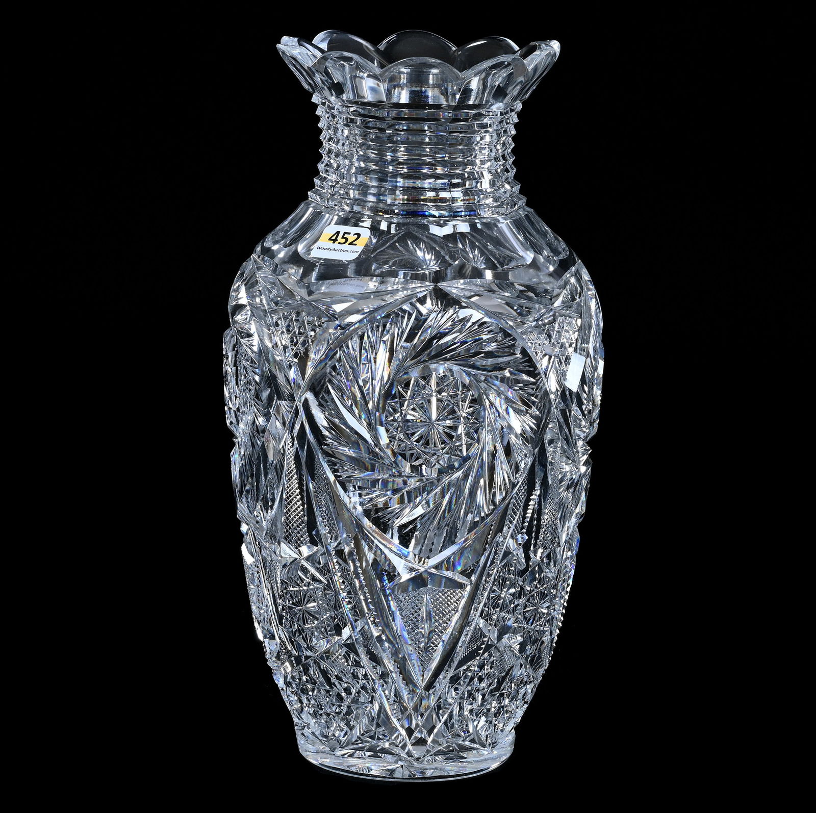 Vase, American Brilliant Cut Glass, Pinwheel, Hobstar, Crosshatch, Nailhead Diamond, Prism & Star: Vase, American Brilliant Cut Glass, Pinwheel, Hobstar, Crosshatch, Nailhead Diamond, Prism And Star Motif, 12" x 6", Step Cut Neck, Ray Cut Base, Georgia Private Collection.