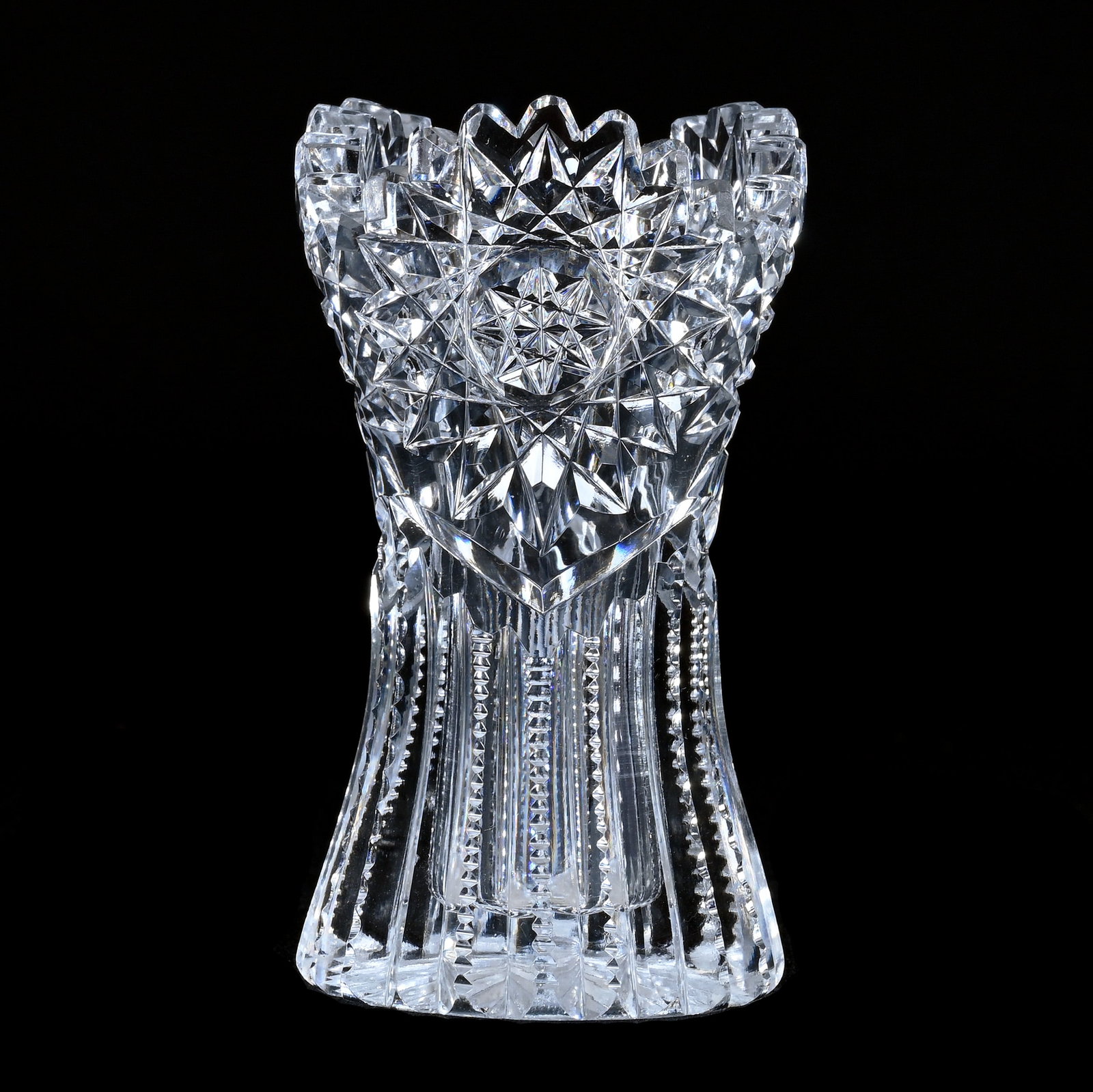 Small Vase, American Brilliant Cut Glass, Hobstar And Prism Motif: Small Vase, American Brilliant Cut Glass, Hobstar And Prism Motif, 4" x 2.25", Ray Cut Base, Great Size, Sherri Schott Collection, Kansas.