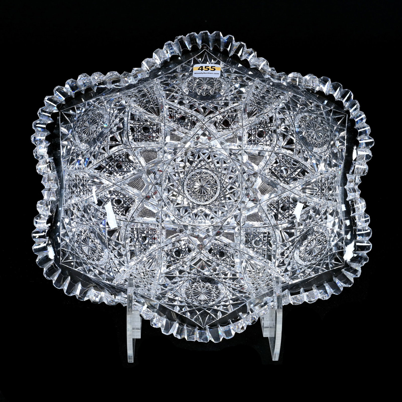 Oval Bowl, American Brilliant Cut Glass, Hobstar, Cane And Crosshatch Motif: Oval Bowl, American Brilliant Cut Glass, Hobstar, Cane And Crosshatch Motif, 11" x 10", Many Rim Chips, Sherri Schott Collection, Kansas.