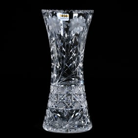 Vase, American Brilliant Cut Glass, Harvard Band With Engraved Daisy Motif