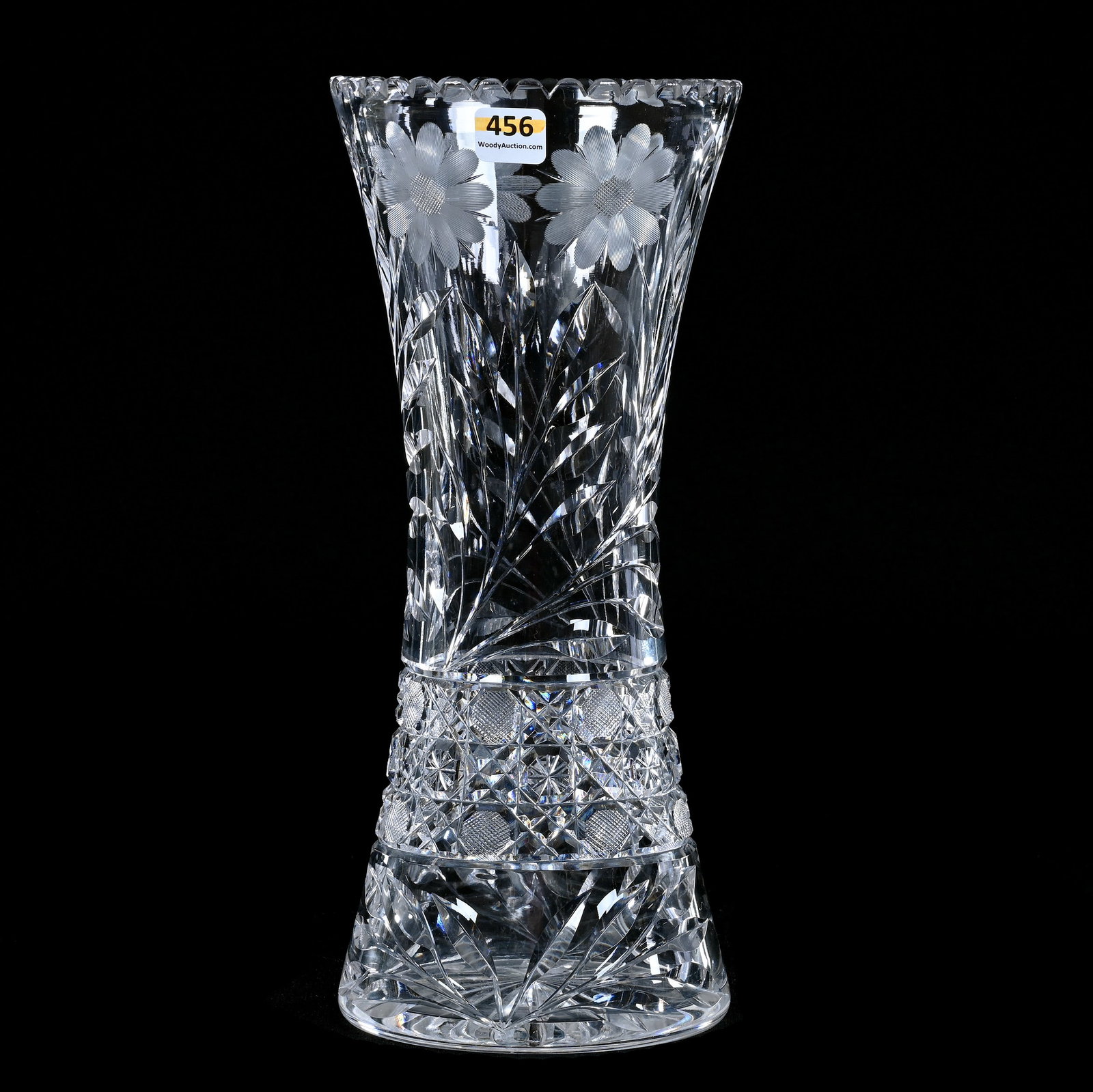Vase, American Brilliant Cut Glass, Harvard Band With Engraved Daisy Motif: Vase, American Brilliant Cut Glass, Harvard Band With Engraved Daisy Motif, 12" x 5.25", Sherri Schott Collection, Kansas.