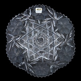 Plate, American Brilliant Cut Glass, Five Point Star Center With Engraved Floral Border