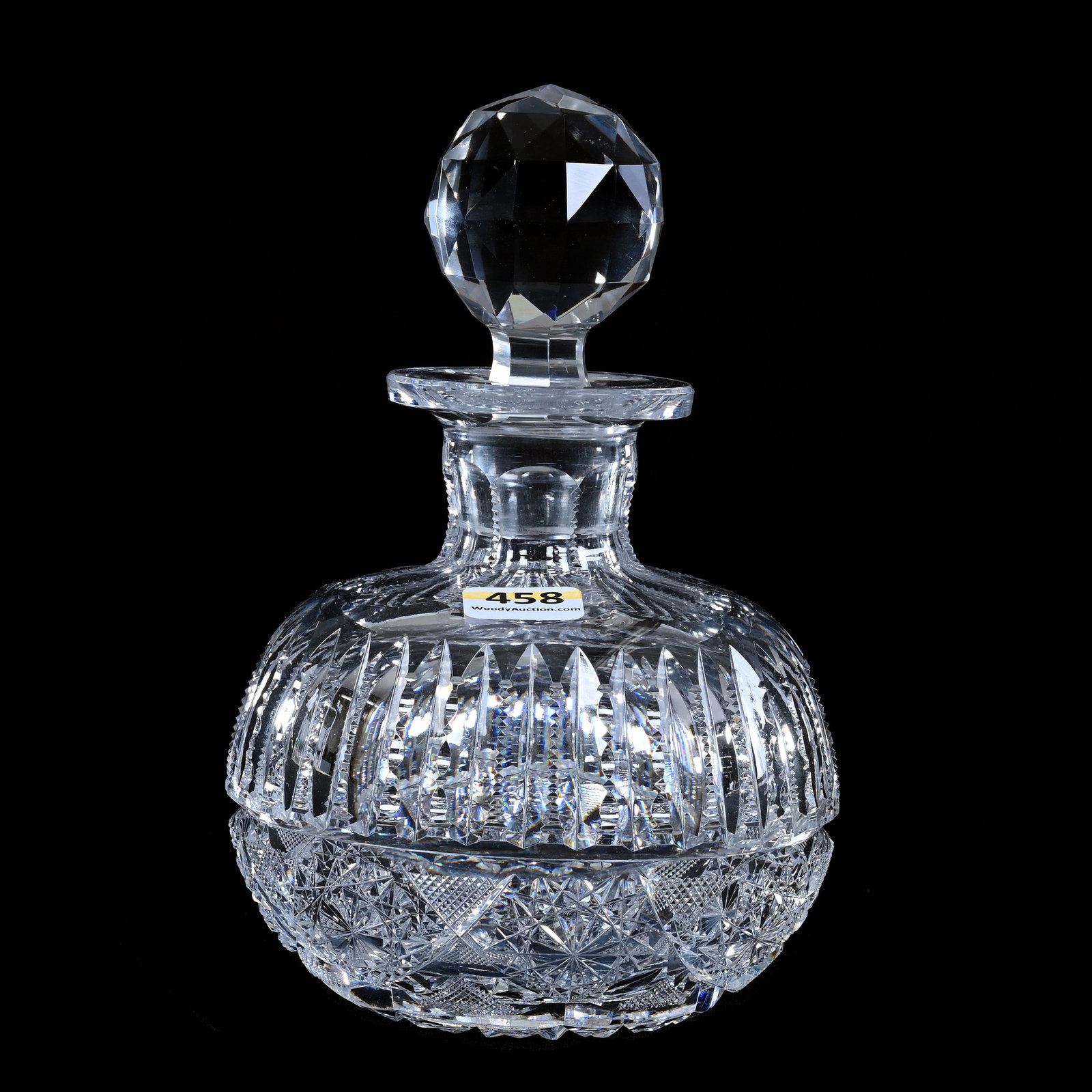 Cologne Bottle, American Brilliant Cut Glass, Sylph Pattern By C. F. Monroe: Cologne Bottle, American Brilliant Cut Glass, Sylph Pattern By C.F. Monroe, 7" x 4.75", Hobstar Base, Sherri Schott Collection, Kansas.