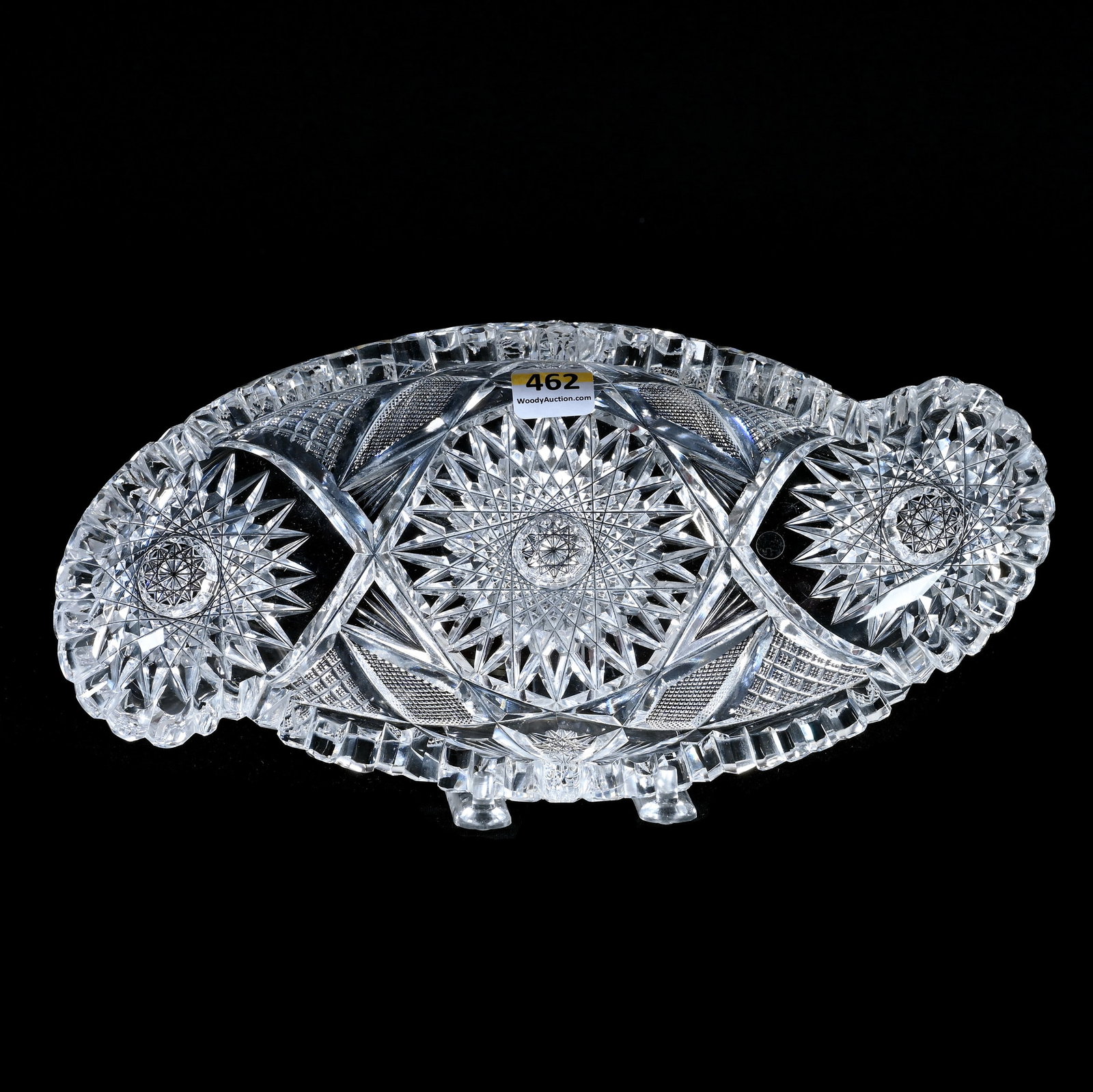 Asymmetrical Celery Tray, American Brilliant Cut Glass: Asymmetrical Celery Tray, American Brilliant Cut Glass, 10.75" x 5", Hobstar, Crosscut Diamond, Crosshatch Adn Fan Motif, Heavy Blank, Sherri Schott Collection, Kansas.
