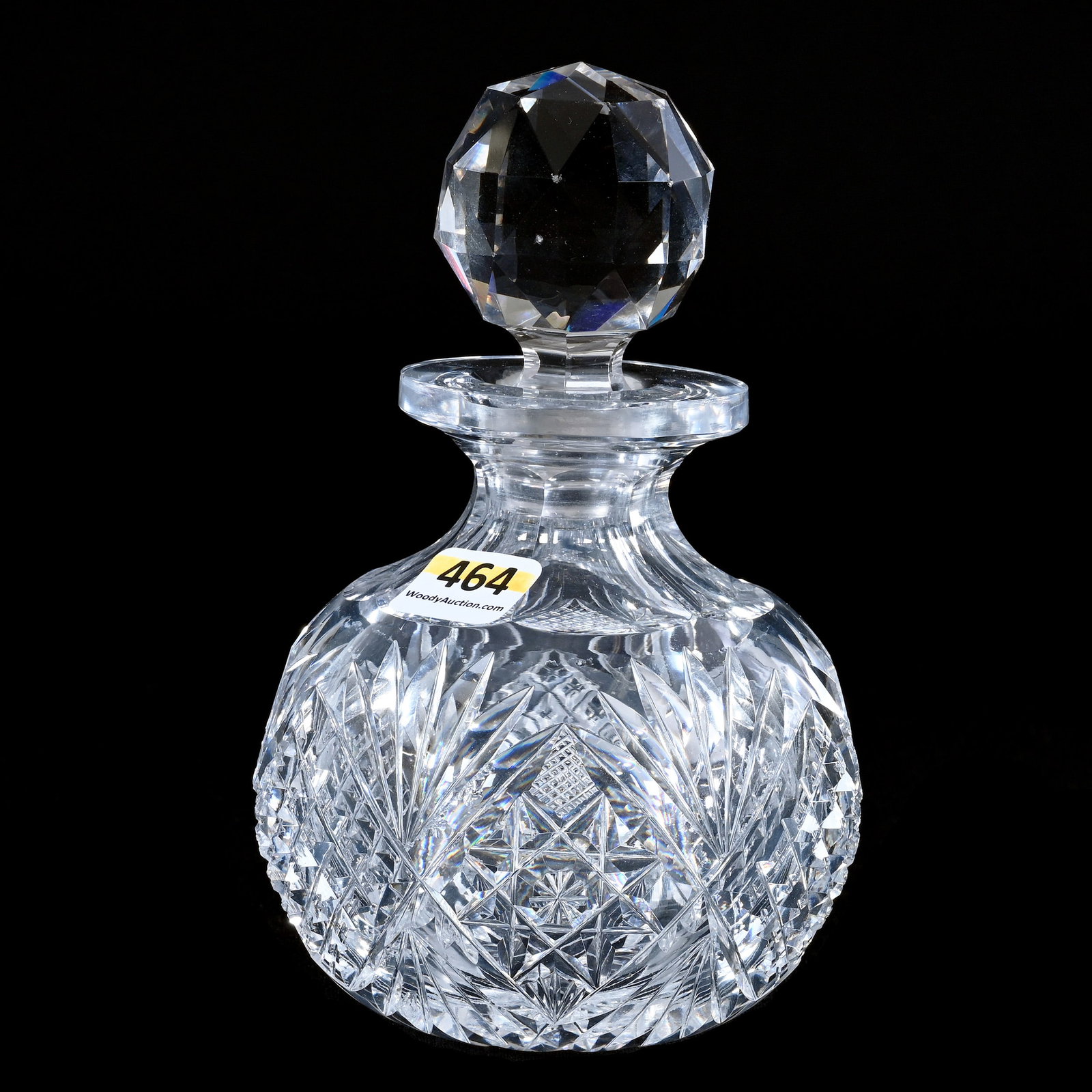 Cologne Bottle, American Brilliant Cut Glass, Hobstar, Crosscut Diamond And Fan Motif: Cologne Bottle, American Brilliant Cut Glass, Hobstar, Crosscut Diamond And Fan Motif, 6.5" x 4", Hobstar Base, Early Hard To See Clark Signature, Some Pattern Roughness, Sherri Schott Collection, Kan