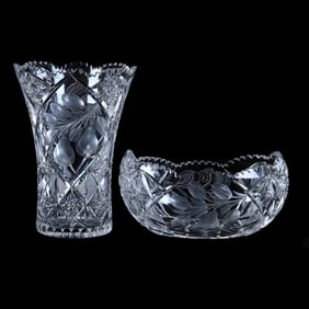 (2) Cut Glass Items With Geometric Motif & Engraved Fruit Decor