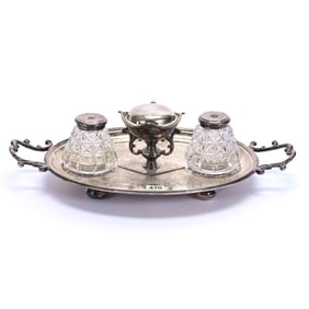 Inkwell Set, Brilliant Period Cut Glass, (2) Cut Glass Wells With Quartered Diamond Design