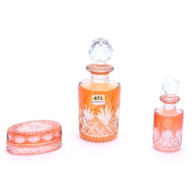 Vanity Set, Three Piece, Brilliant Period Cut Glass, Apricot Cut To Clear