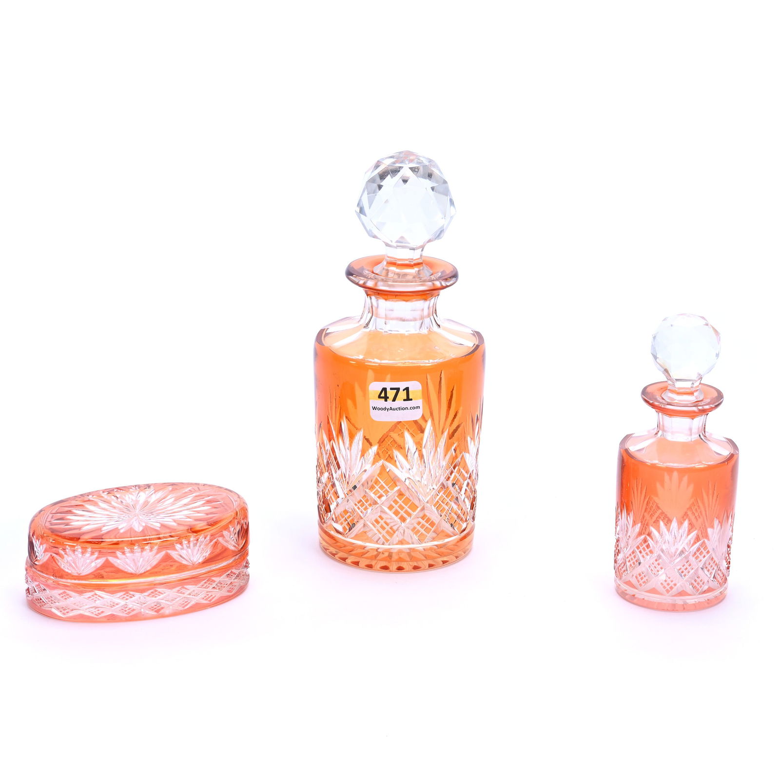 Vanity Set, Three Piece, Brilliant Period Cut Glass, Apricot Cut To Clear (1 of 3)