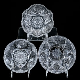 (3) Bowls, American Brilliant Cut Glass, All With Pinwheel Motif