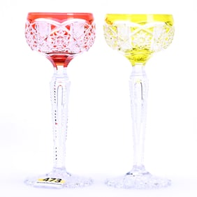 Pair Cordial Stems, Brilliant Period Cut Glass, Color Cut To Clear