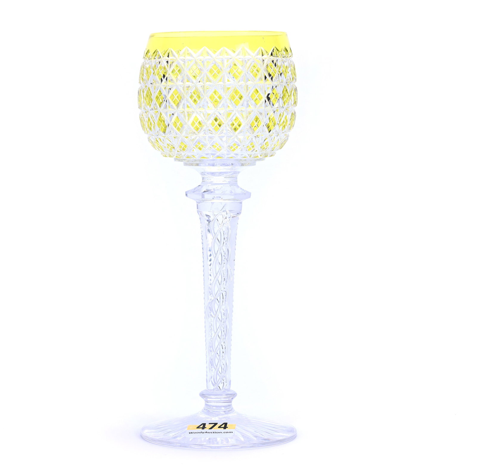 Wine Stem, Brilliant Period Cut Glass, Yellow Cut To Clear: Wine Stem, Brilliant Period Cut Glass, Yellow Cut To Clear, 7.5" x 3", Crosscut Diamond Motif, Air Twist Stem, Ray Cut Foot, Sherri Schott Collection, Kansas.