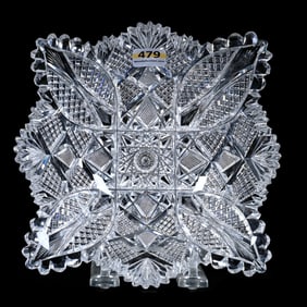 Square Bowl, American Brilliant Cut Glass, Square Hobstar Center With Vesica, Kite, Crosscut