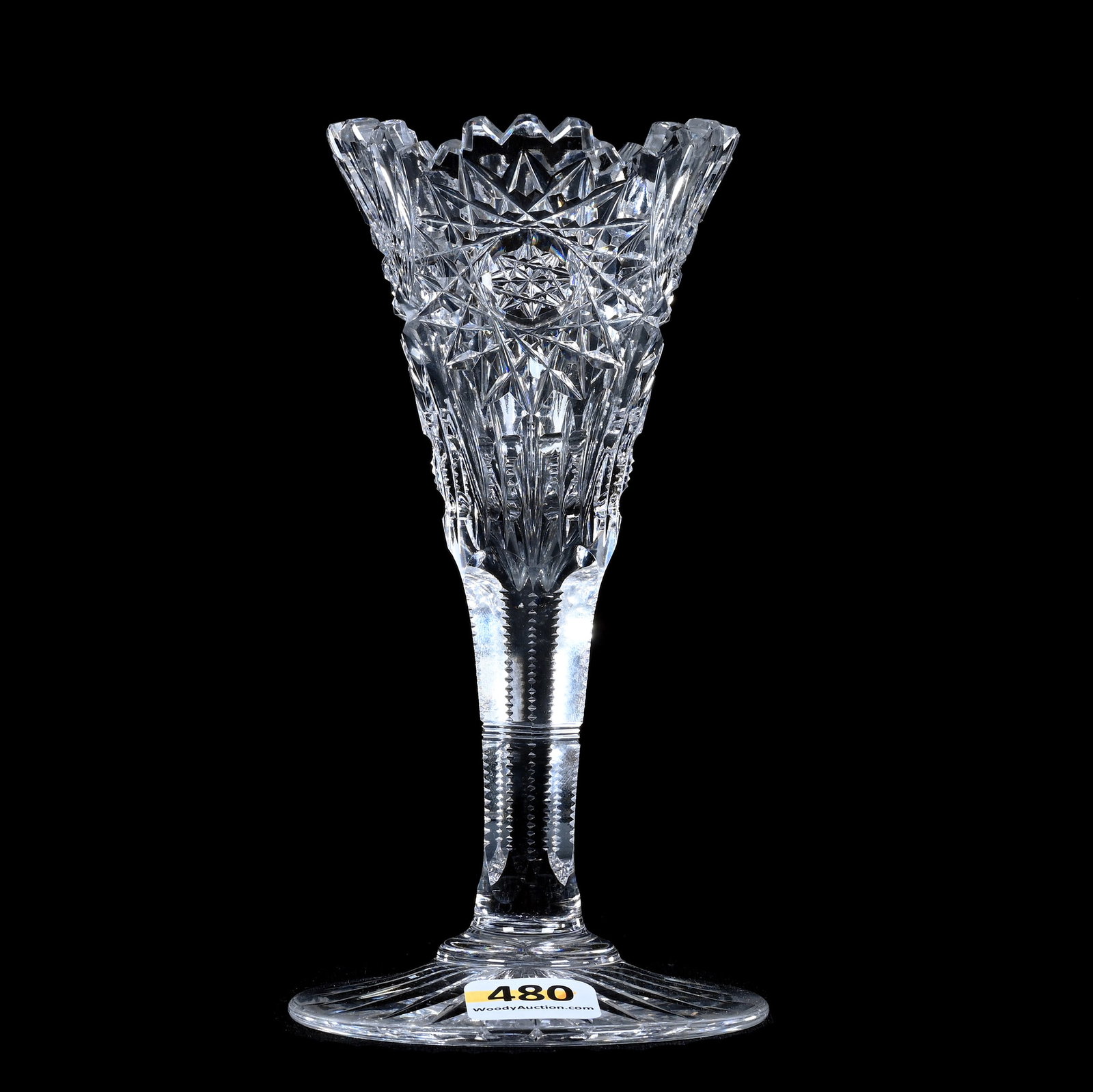 Trumpet Vase, American Brilliant Cut Glass, Hobstar, Prism And Fan Motif: Trumpet Vase, American Brilliant Cut Glass, Hobstar, Prism And Fan Motif, 6" x 3.25", Ray Cut Foot, Cute Size, Sherri Schott Collection, Kansas.