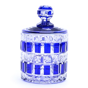 Round Covered Box, Brilliant Period Cut Glass, Cobalt Blue Cut To Clear