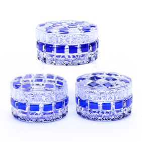 (3) Round Covered Boxes, Brilliant Period Cut Glass, Cobalt Blue Cut To Clear