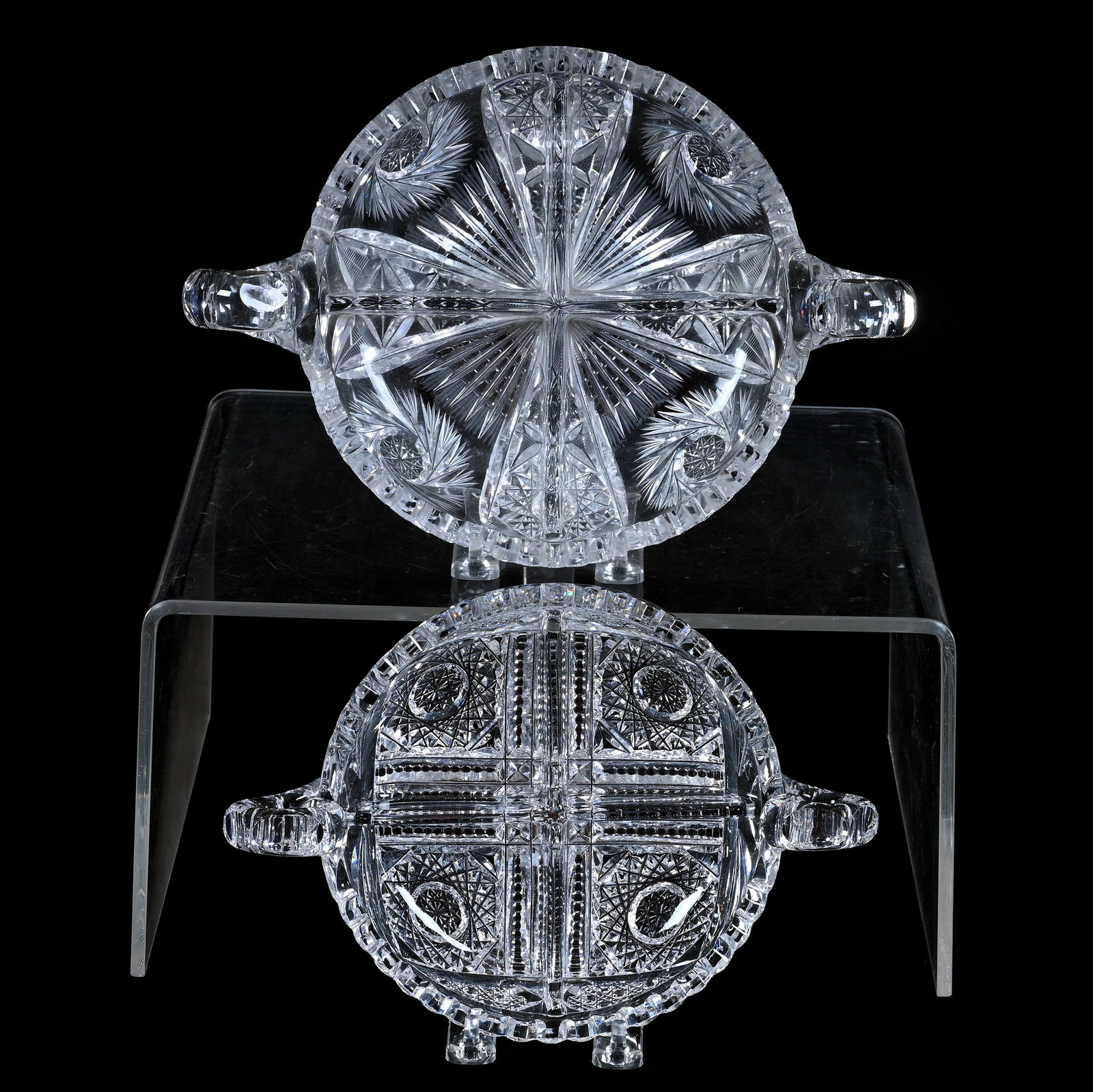 (2) Bowls, Four Division, Two Handles, American Brilliant Cut Glass: (2) Bowls, Four Division, Two Handles, American Brilliant Cut Glass, (1) 3" x 11.25" x 8", Pinwheel, Hobstar And Flashed Prism, (1) 2.75" x 9.75" x 7", Four Sections Of Hobstar, Prism And Cane, One To