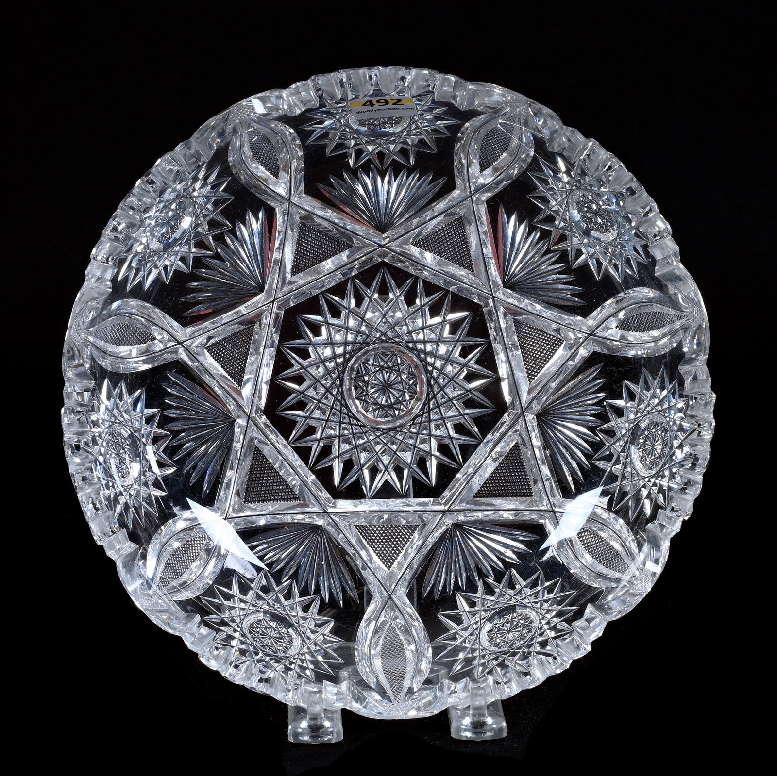 Low Bowl, American Brilliant Cut Glass, Dauntless Pattern By Bergen: Low Bowl, American Brilliant Cut Glass, Dauntless Pattern By Bergen, 9", Libbey Blank Mark, Tooth Chip, Sherri Schott Collection, Kansas.