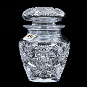 Covered Jar, American Brilliant Cut Glass, Hobstar, Crosshatch, Star And Fan Motif