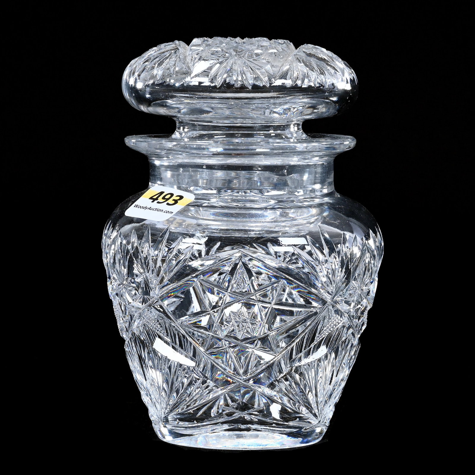 Covered Jar, American Brilliant Cut Glass, Hobstar, Crosshatch, Star And Fan Motif: Covered Jar, American Brilliant Cut Glass, Hobstar, Crosshatch, Star And Fan Motif, 5.5" x 4", Flashed Hobstar Lid, Ray Cut Base, Sherri Schott Collection, Kansas.