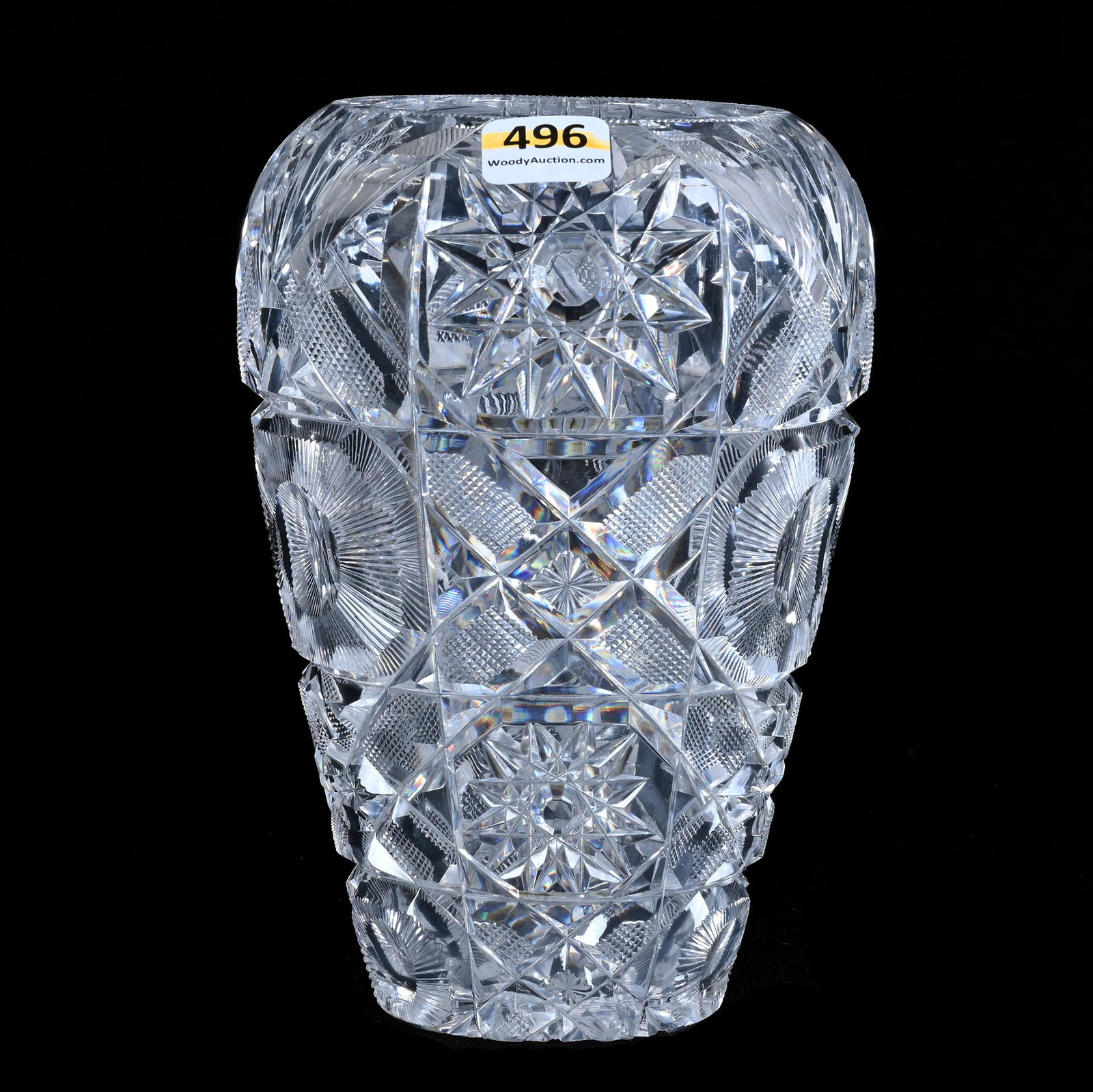 Vase, American Brilliant Cut Glass, Hobstar, Bullseye, Crosshatch, Star And Fan Motif: Vase, American Brilliant Cut Glass, Hobstar, Bullseye, Crosshatch, Star And Fan Motif, 6.5" x 4.5", Hobstar Base, Sherri Schott Collection, Kansas.
