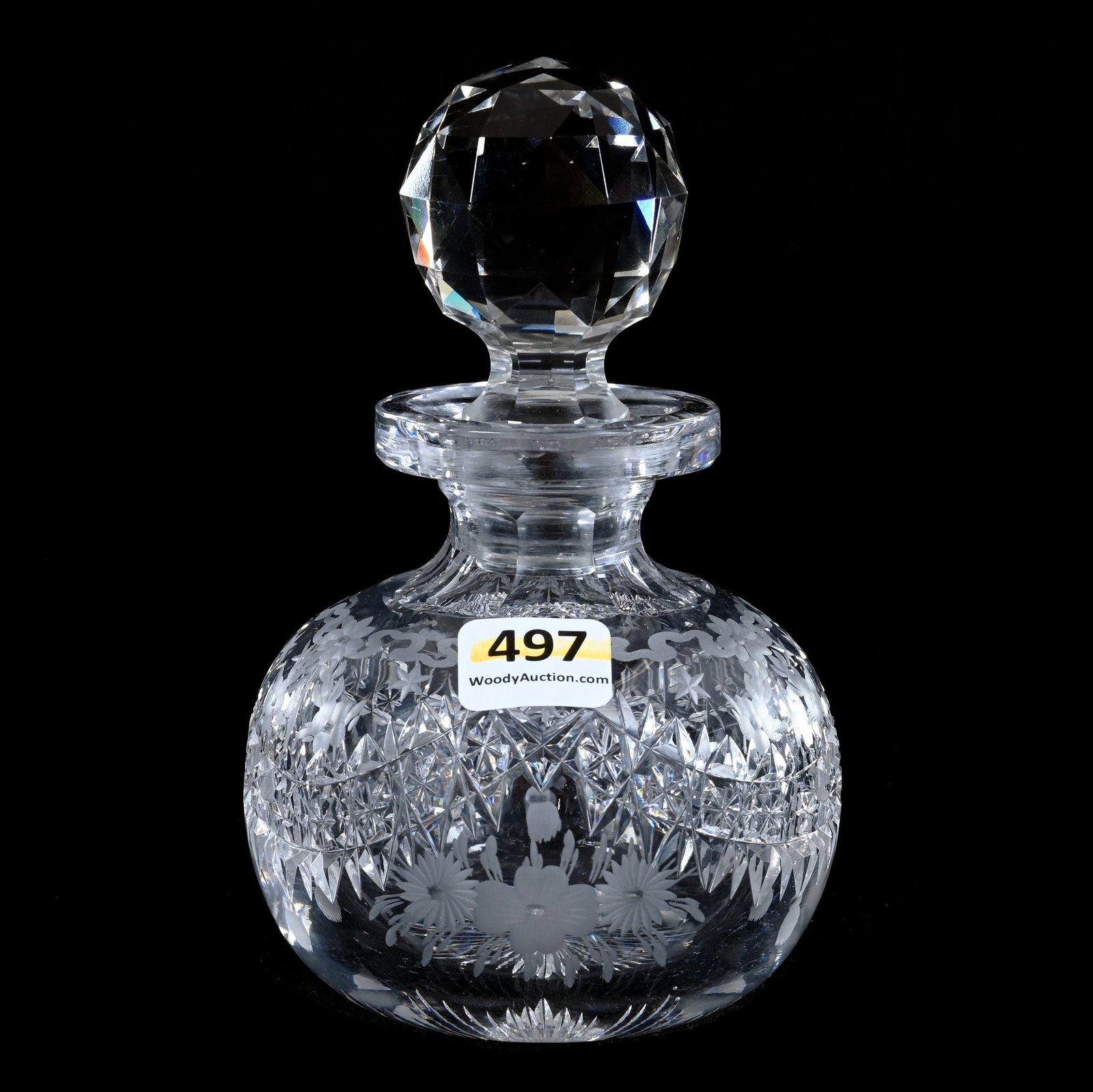 Cologne Bottle, American Brilliant Cut Glass, Signed Hawkes: Cologne Bottle, American Brilliant Cut Glass, Signed Hawkes, 5.5" x 3.5", Engraved Floral Garland With Star Button Highlights, Signed Hawkes Stopper, Ray Cut Base, Sherri Schott Collection, Kansas.