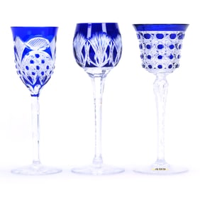 (3) Wine Stems, Brilliant Period Cut Glass, Cobalt Blue Cut To Clear