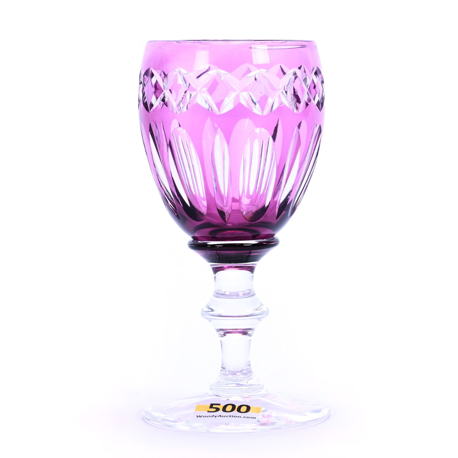 Wine Stem, Brilliant Period Cut Glass, Amethyst Cut To Clear: Wine Stem, Brilliant Period Cut Glass, Amethyst Cut To Clear, 5" x 2.5", Channel, Miter And Diamond Motif, Ray Cut Foot, Sherri Schott Collection, Kansas.