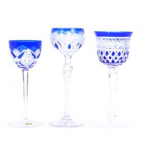 (3) Wine Stems, Brilliant Period Cut Glass, Cobalt Blue Cut To Clear