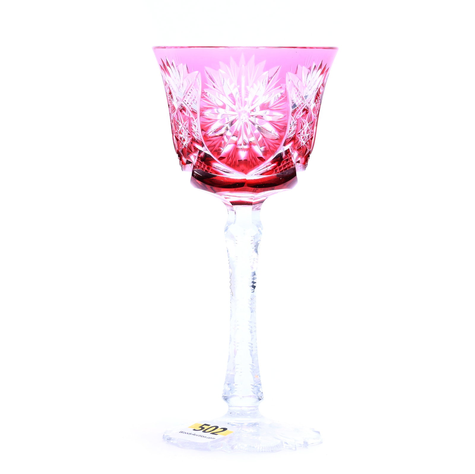 Wine Stem, Brilliant Period Cut Glass, Cranberry Cut To Clear: Wine Stem, Brilliant Period Cut Glass, Cranberry Cut To Clear, 5.75" x 2.625", Flashed Star With Hobstar, Crosshatch And Fan Highlights, Scalloped Bullseye And Miter Foot, Sherri Schott Collection, Ka