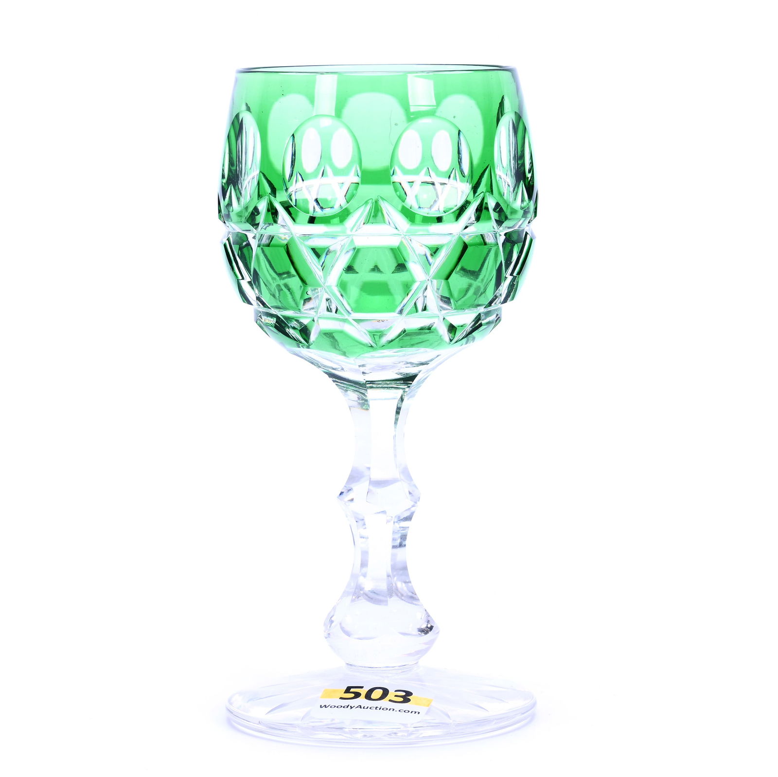 Wine Stem, Brilliant Period Cut Glass, Green Cut To Clear: Wine Stem, Brilliant Period Cut Glass, Green Cut To Clear, 5" x 2.5", Button, Miter And Punty Motif, Ray Cut Foot, Sherri Schott Collection, Kansas.