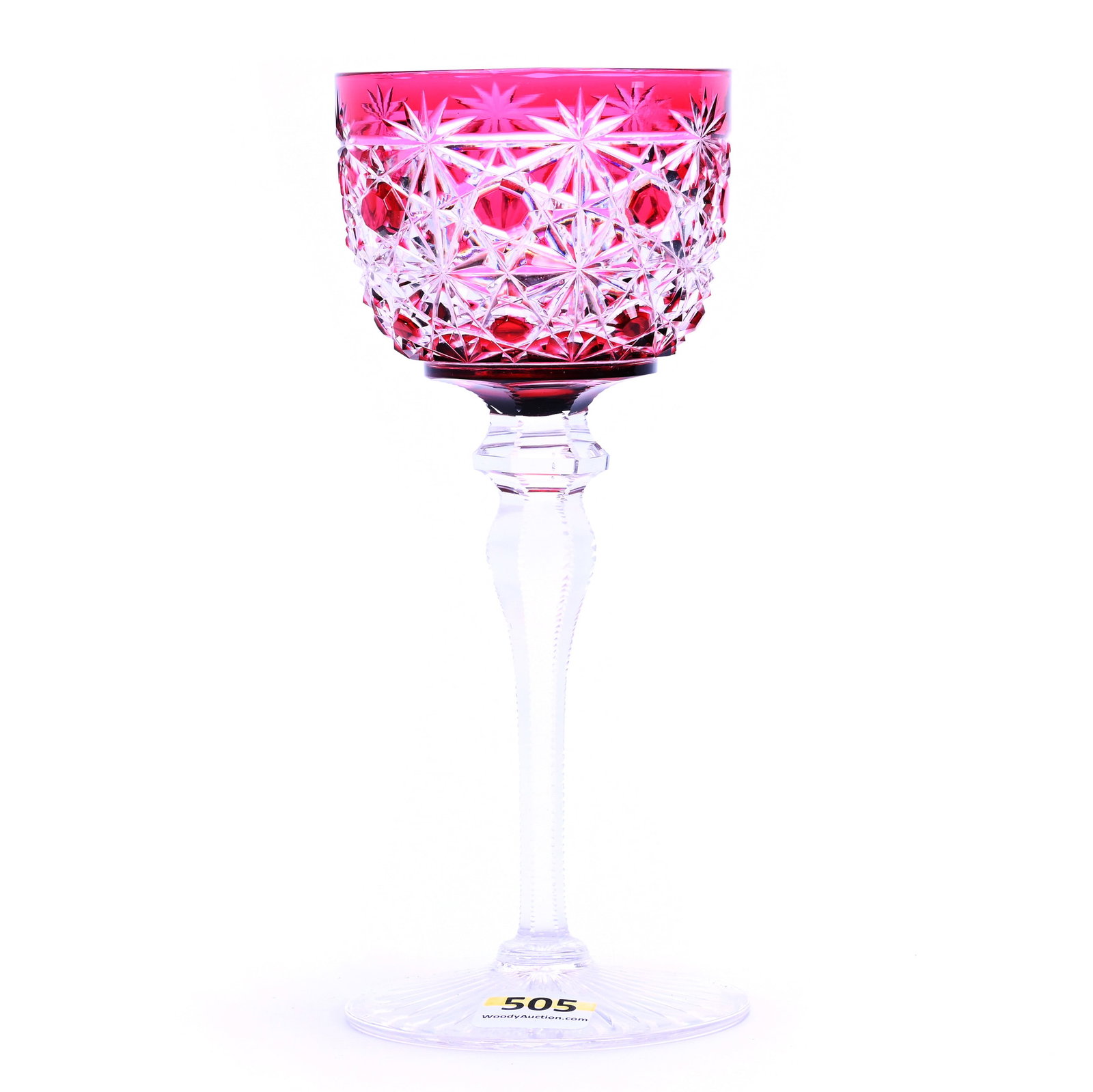 Wine Stem, Brilliant Period Cut Glass, Red Cut To Clear: Wine Stem, Brilliant Period Cut Glass, Red Cut To Clear, 7.25" x 3", Russian Pattern, Uncut Buttons, Ray Cut Foot, Sherri Schott Collection, Kansas.