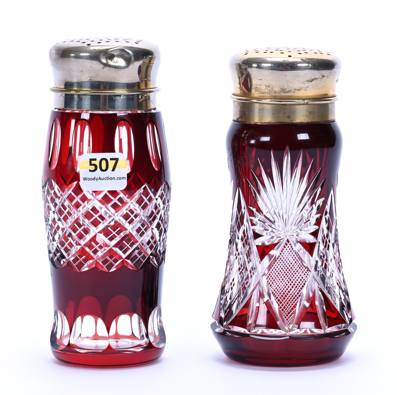 (2) Muffineers, Brilliant Period Cut Glass, Ruby Cut To Clear: (2) Muffineers, Brilliant Period Cut Glass, Ruby Cut To Clear, 6" x 2.5" Approximately, (1) Crosscut Diamond And Punty Motif, (1) Crosscut Diamond, Crosshatch And Fan Motif, Sherri Schott Collection, 