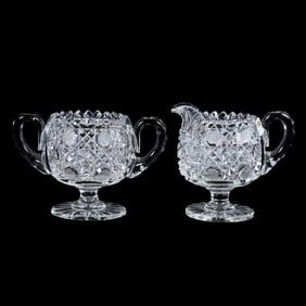 Pair Pedestal Creamer & Sugar, American Brilliant Cut Glass, Harvard Pattern