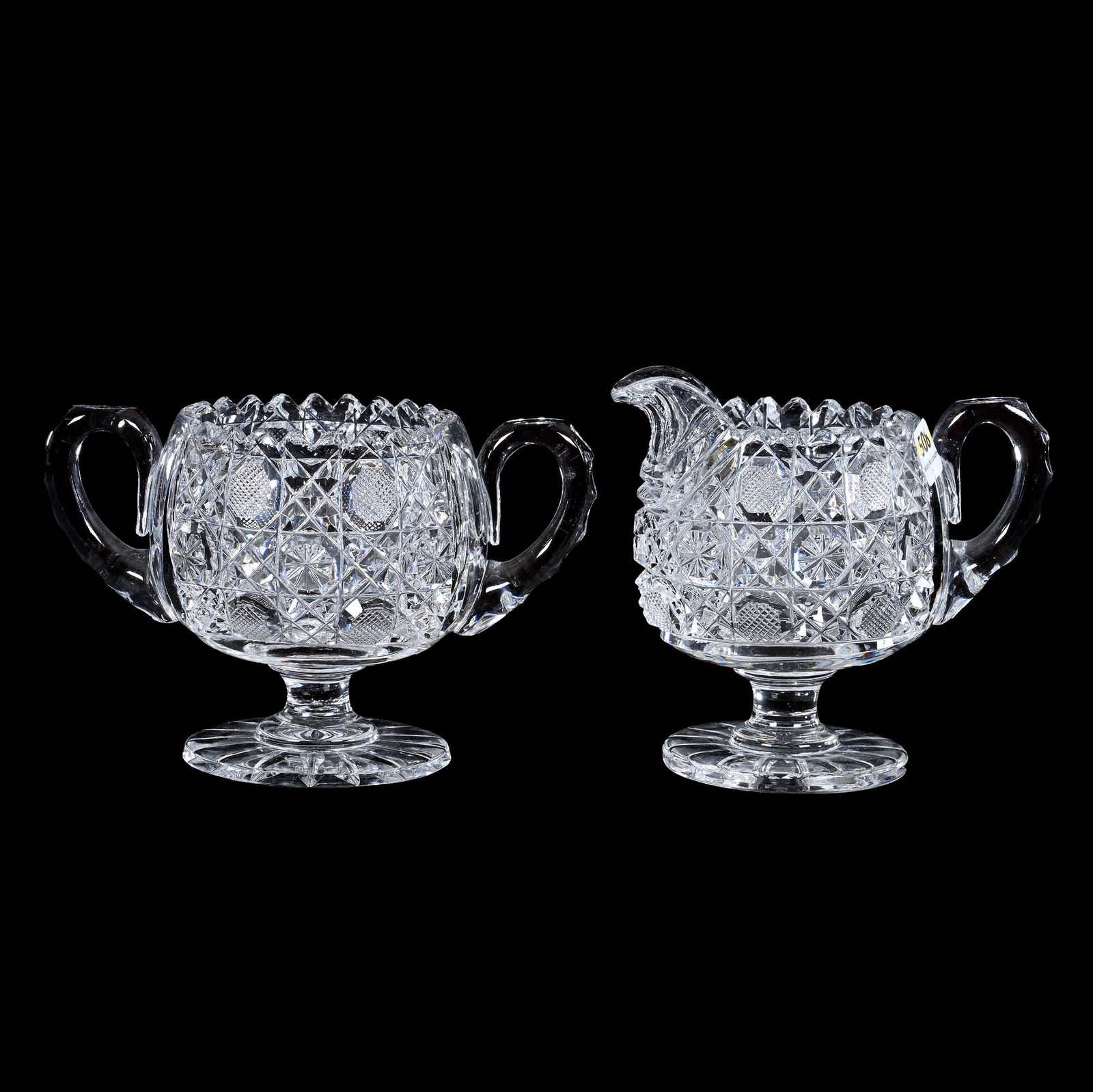 Pair Pedestal Creamer & Sugar, American Brilliant Cut Glass, Harvard Pattern (1 of 3)