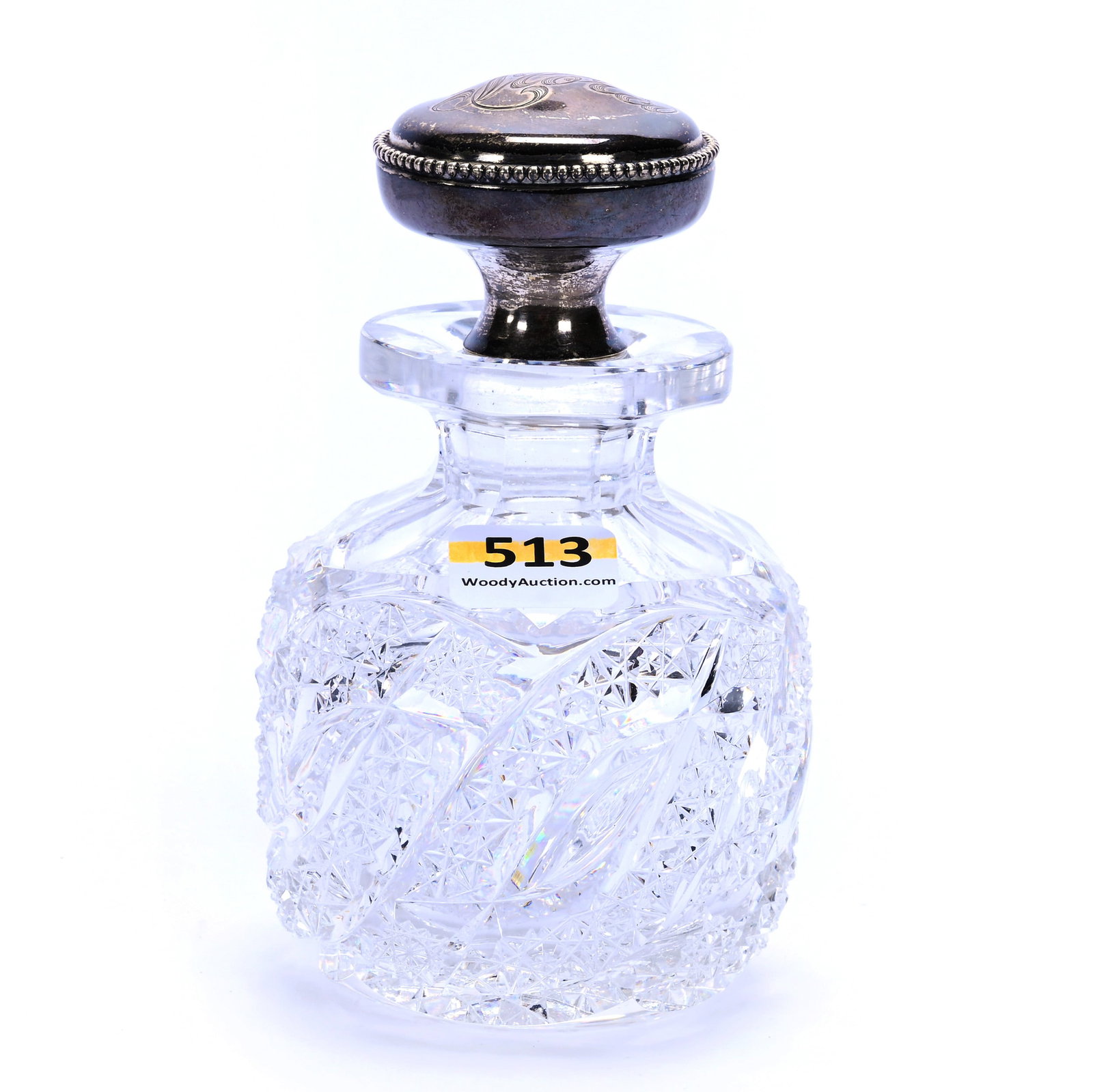 Cologne Bottle, American Brilliant Cut Glass, Swirled Tusk With Vesica, Hobstar & Russian: Cologne Bottle, American Brilliant Cut Glass, Swirled Tusk With Vesica, Hobstar And Russian, 5" x 3", Sterling Silver Stopper, Hobstar Base, Sherri Schott Collection, Kansas.
