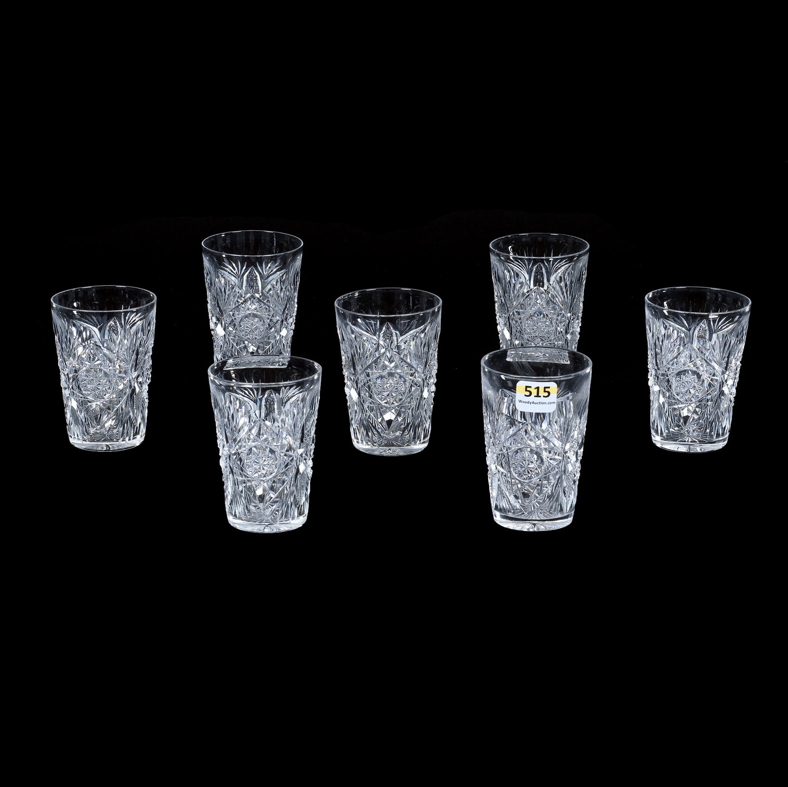 (7) Whiskey Tumblers, American Brilliant Cut Glass, Pattern Resembles Monarch By J. Hoare: (7) Whiskey Tumblers, American Brilliant Cut Glass, Pattern Resembles Monarch By J. Hoare, 3.5" x 2.5" Approximately, One Is Slightly Taller, Sherri Schott Collection, Kansas.