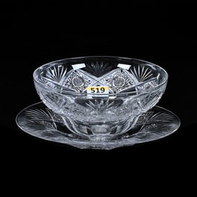 Fingerbowl & Underplate, American Brilliant Cut Glass, Signed Hawkes Teutonic Pattern