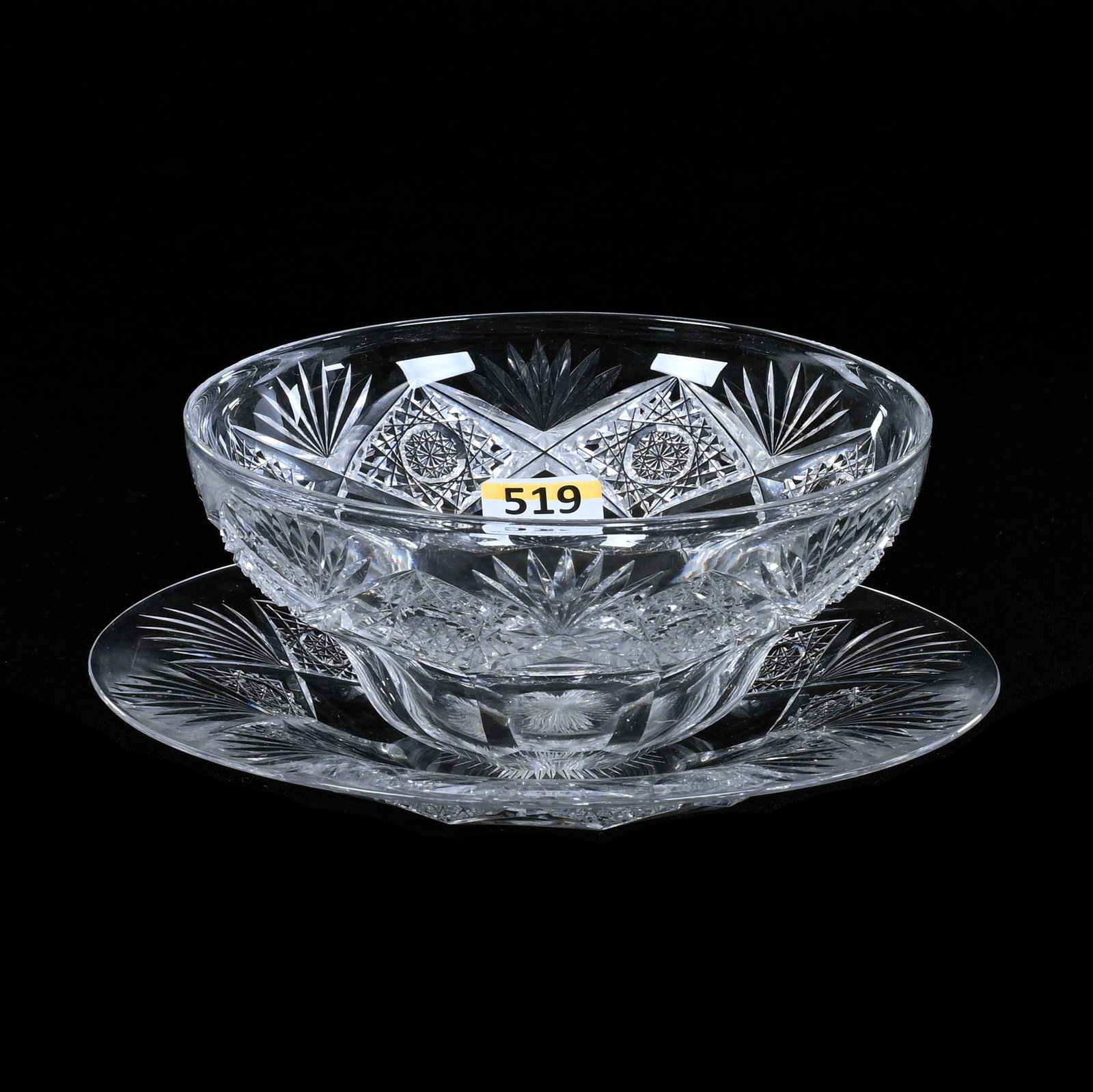 Fingerbowl & Underplate, American Brilliant Cut Glass, Signed Hawkes Teutonic Pattern: Fingerbowl And Underplate, American Brilliant Cut Glass, Signed Hawkes Teutonic Pattern, 2.5" x 6.5", Pattern Also Known As Easter, Sherri Schott Collection, Kansas.