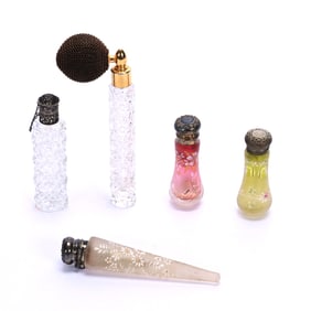 (5) Lay Down Perfume Bottles, (2) Brilliant Period Cut Glass, (3) Frosted Art Glass