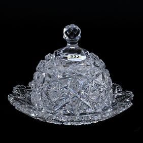 Covered Butterdish, American Brilliant Cut Glass, Hobstar, Vesica, Cane & Crosshatch Motif