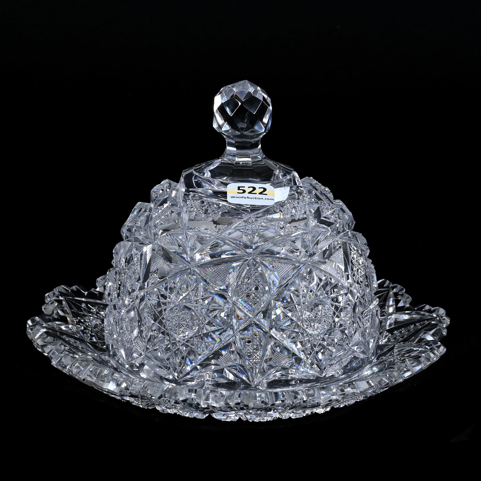 Covered Butterdish, American Brilliant Cut Glass, Hobstar, Vesica, Cane & Crosshatch Motif: Covered Butterdish, American Brilliant Cut Glass, Hobstar, Vesica, Cane And Crosshatch Motif, 5.75" x 8", Sherri Schott Collection, Kansas.