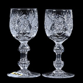 Pair Cordial Stems, Brilliant Period Cut Glass, Hobstar, Cane, Crosshatch And Fan Motif