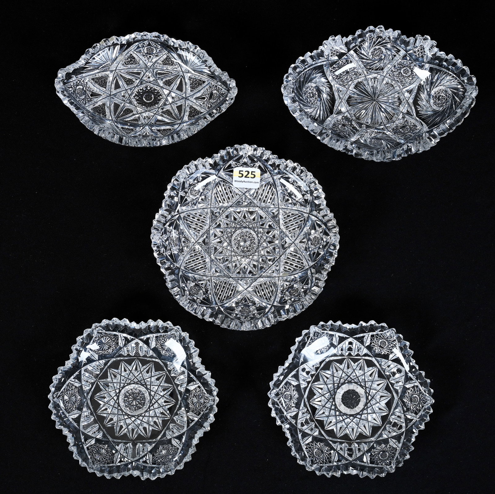 (5) Assorted Dishes, American Brilliant Cut Glass: (5) Assorted Dishes, American Brilliant Cut Glass, (1) 6" Low Bowl, (2) 5.25" Signed Maple City Plates, (1) 6.25" Bonbon, Tooth Chip, (1) 6" Bonbon, Tooth Chip, Sherri Schott Collection, Kansas.