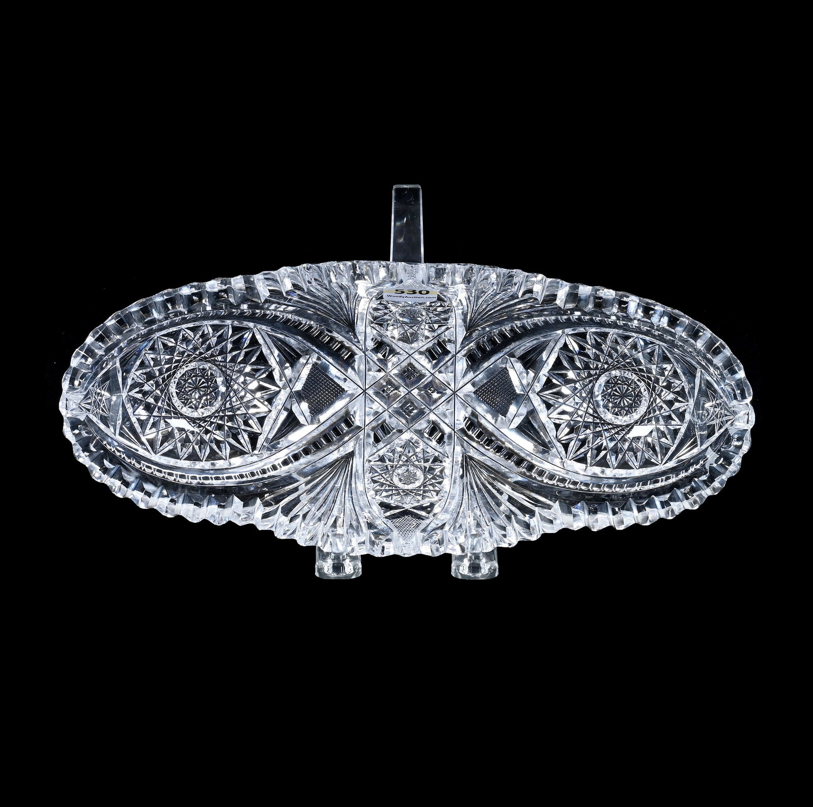 Celery Tray, American Brilliant Cut Glass, Hobstar, Vesica, Crosshatch, Prism & Fan Motif: Celery Tray, American Brilliant Cut Glass, Hobstar, Vesica, Crosshatch, Prism And Fan Motif, 11" x 4.75", Sherri Schott Collection, Kansas.