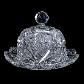 Covered Butterdish, American Brilliant Cut Glass, Hobstar, Star And Fan Motif