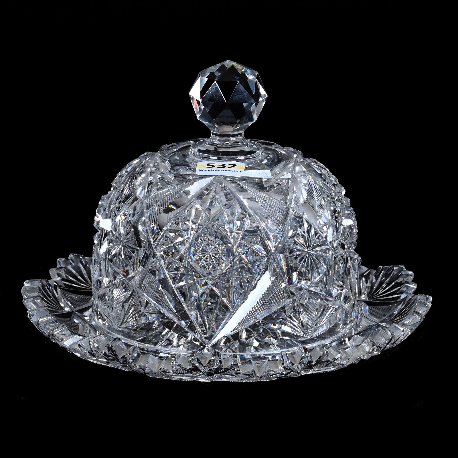 Covered Butterdish, American Brilliant Cut Glass, Hobstar, Star And Fan Motif: Covered Butterdish, American Brilliant Cut Glass, Hobstar, Star And Fan Motif, 5.5" x 7.75", Base With Hobstar Center, Probable Marriage, Underplate With Pattern Chip, Sherri Schott Collection, Kansas