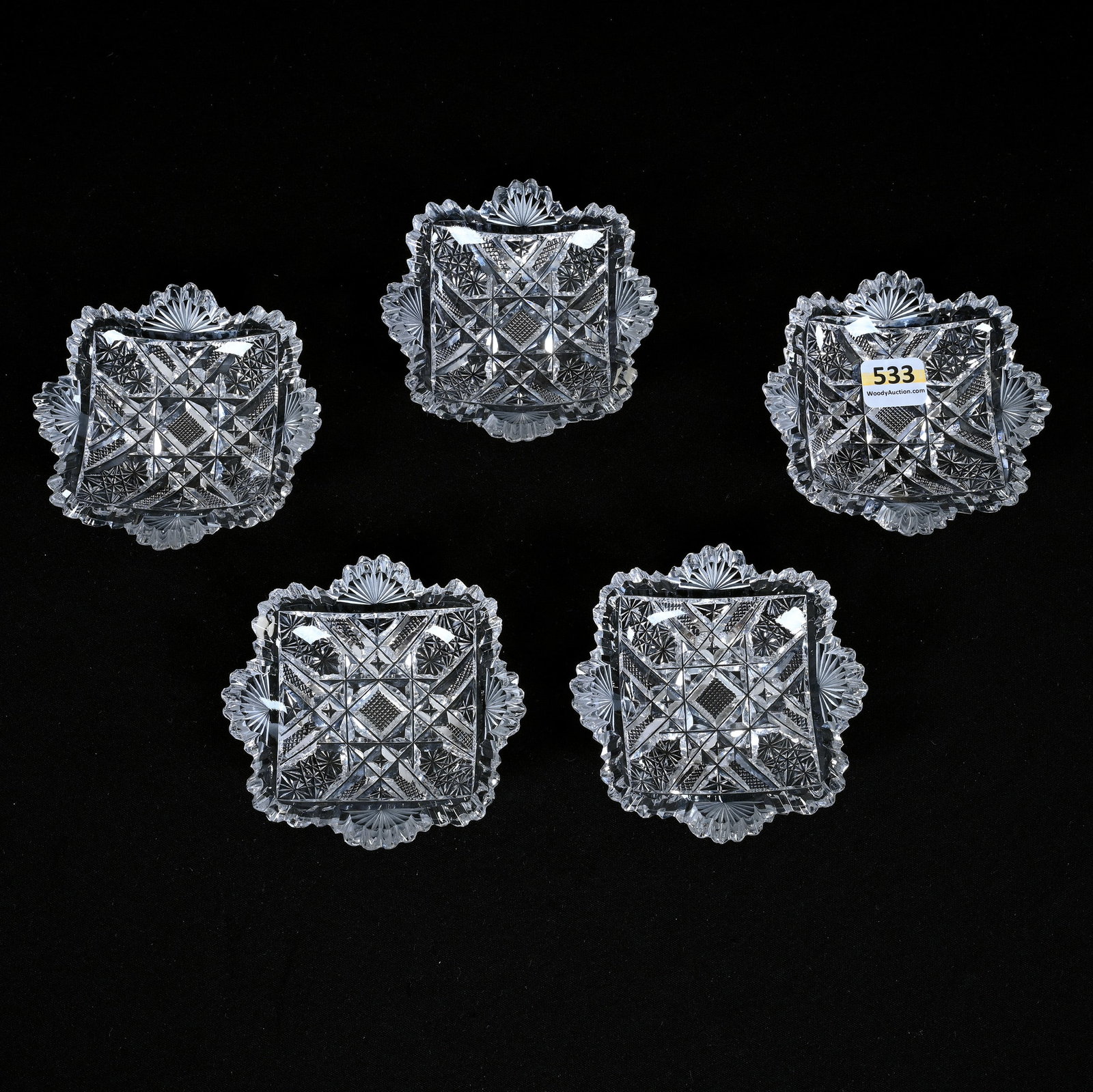 (5) Square Butter Pats, American Brilliant Cut Glass: (5) Square Butter Pats, American Brilliant Cut Glass, 3.75", Crosshatch, Russian, Star And Fan Motif, One With Rim Chip, Sherri Schott Collection, Kansas.